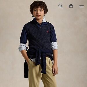 Navy Cable Knit Sweater Vest with Red Logo